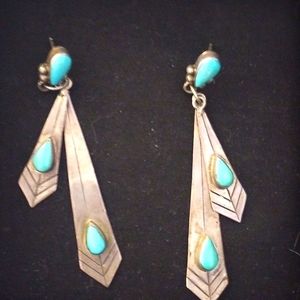 Vintage silver and turquoise feather earrings.